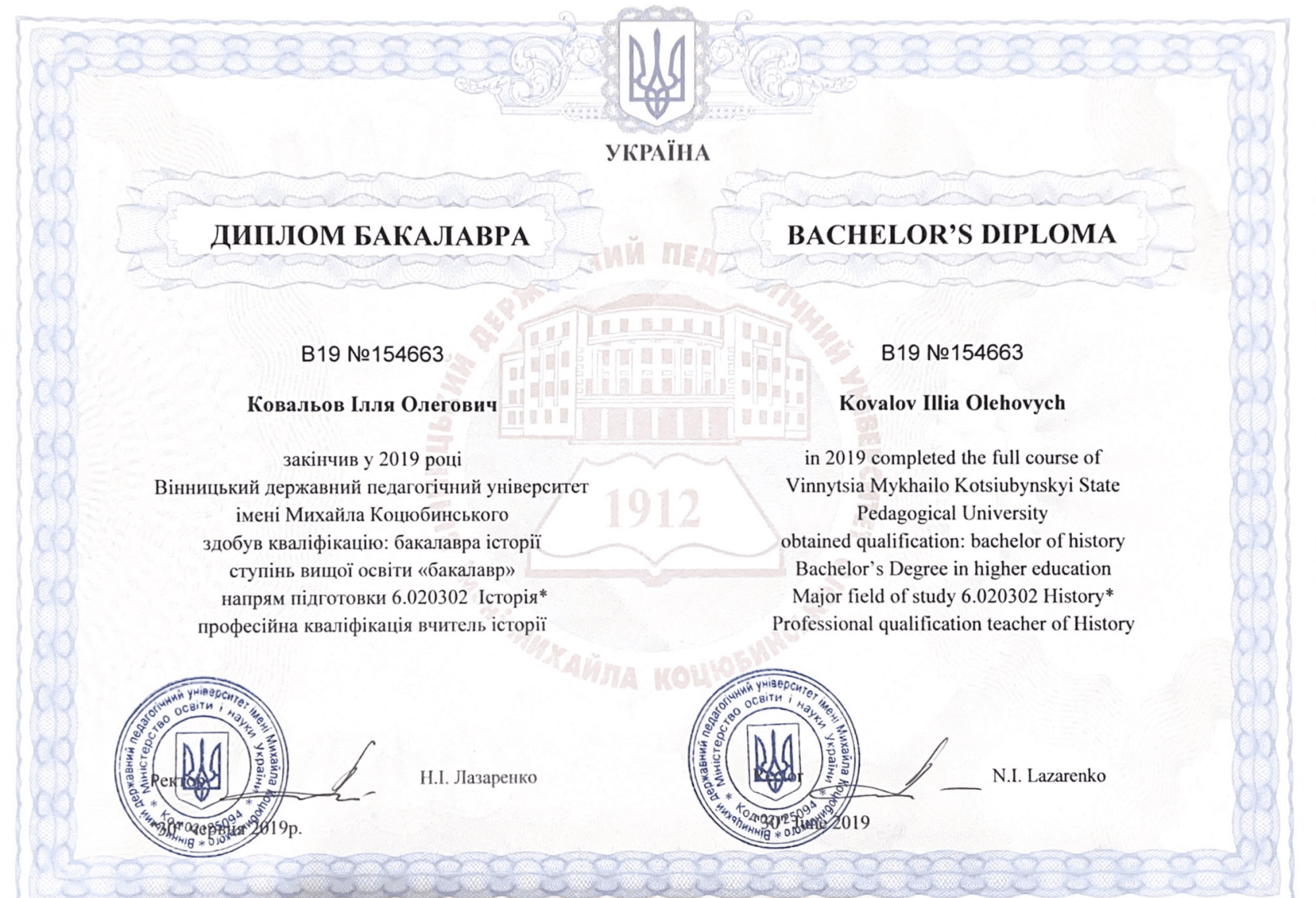 Диплом бакалавра історії